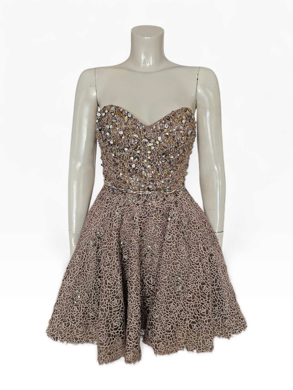 JOVANI Brown Taupe Beaded Rhinestone Crochet Lace Bodice Cocktail Dress 2